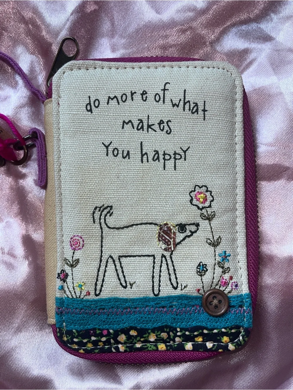 NATURAL LIFE Canvas Wristlet with Purple Strap and Pink Stitching